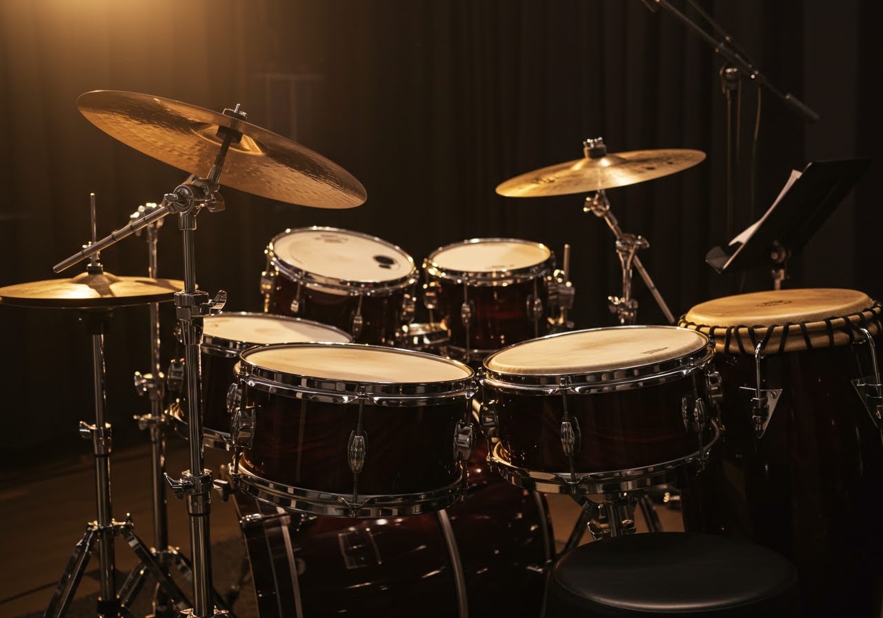 Close-up of a professional mahogany drum kit with cymbals, snare and a djembe under a warm spotlight in a teaching studio