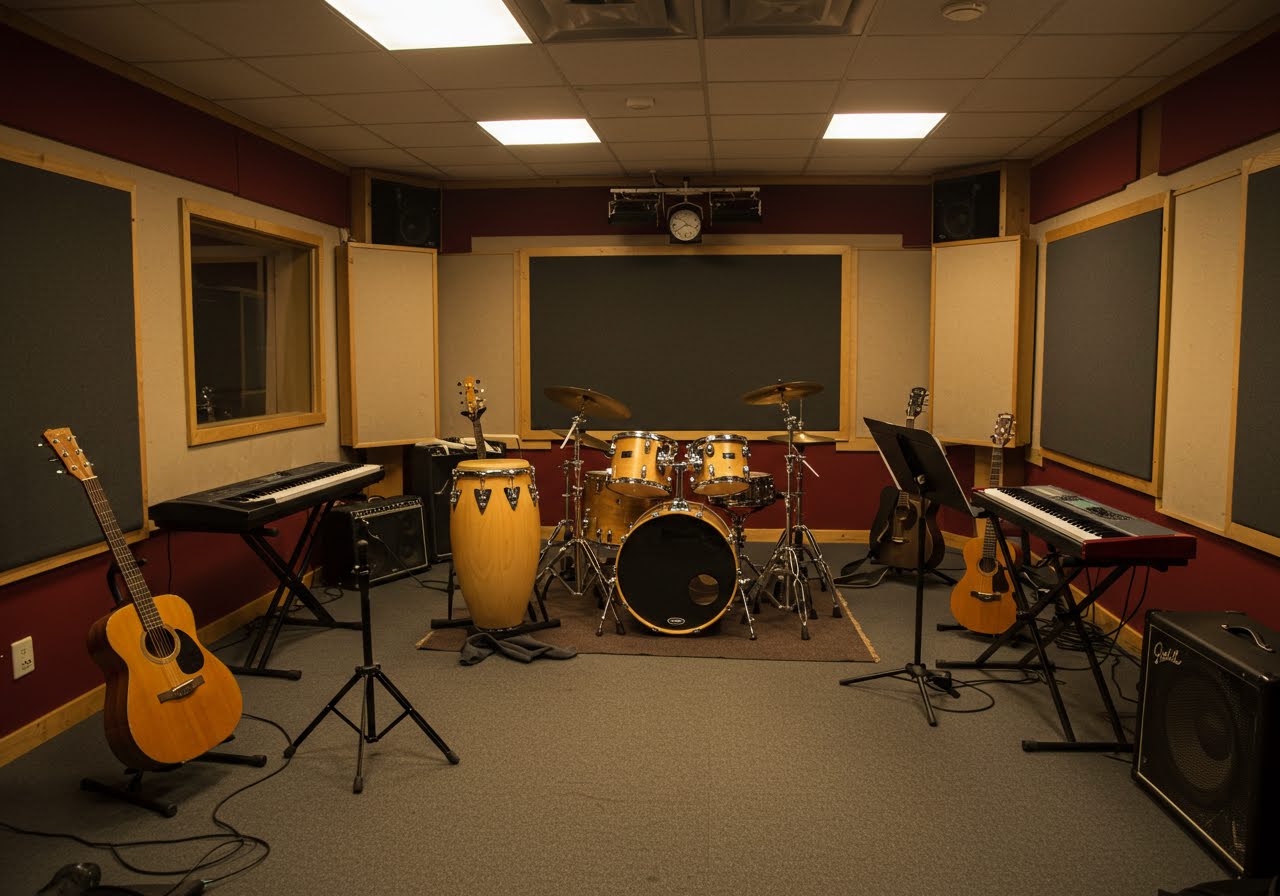 A rehearsal room set up for an ensemble session with a drum kit, congas, keyboards and acoustic guitars