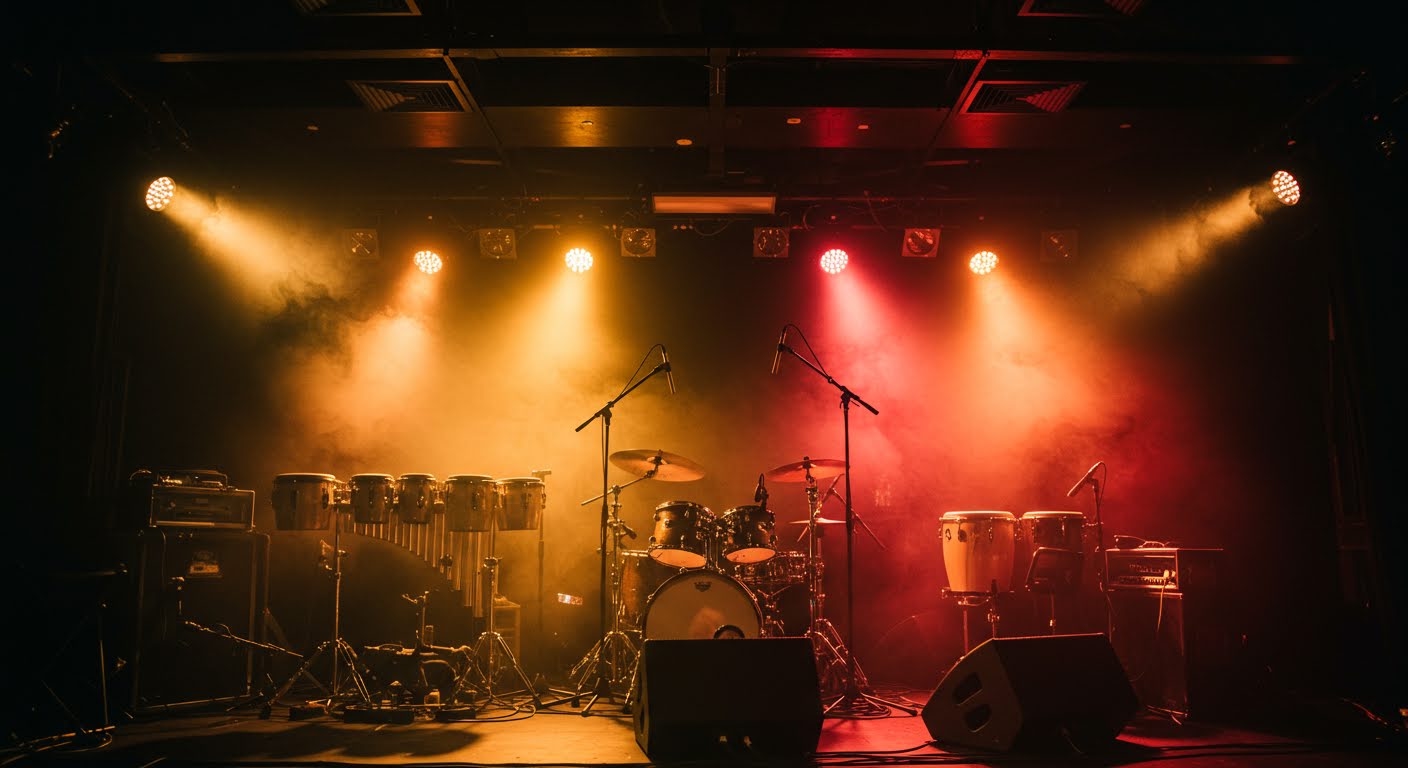 A live-music stage set with a drum kit, congas and timbales lit by warm amber and crimson spotlights through a haze of stage smoke