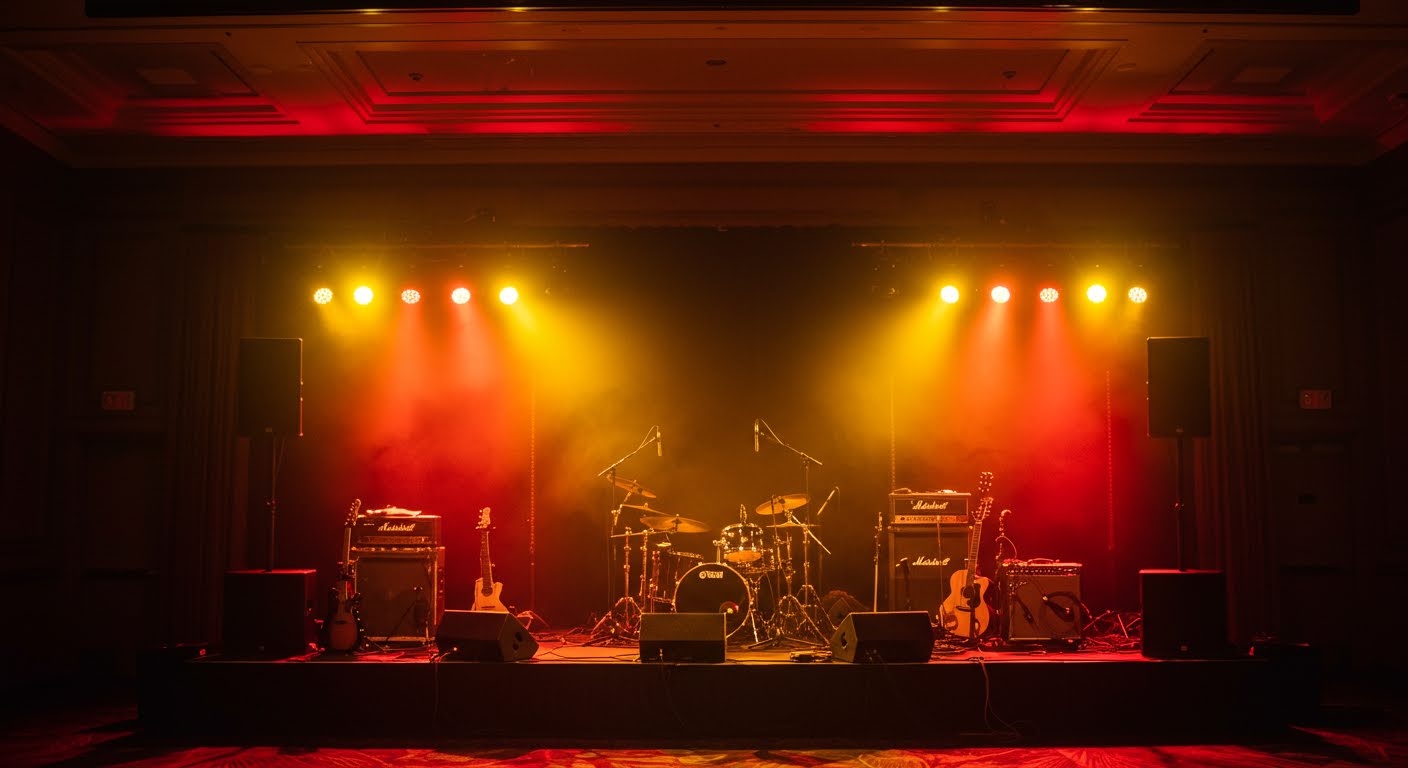 A band stage in an elegant event hall — drum kit, guitars and amplifiers under red and gold theatrical lighting