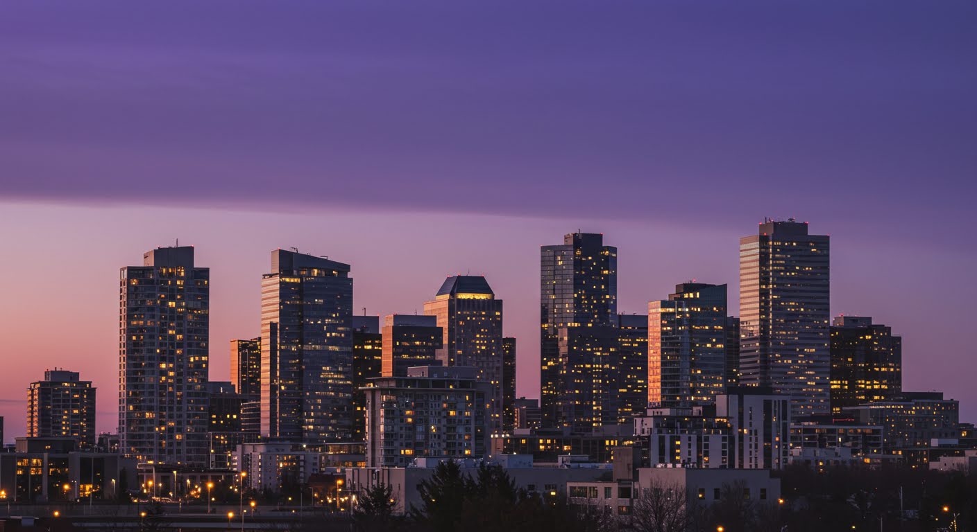 The Greater Toronto Area skyline at dusk under a violet sky, with city lights glowing